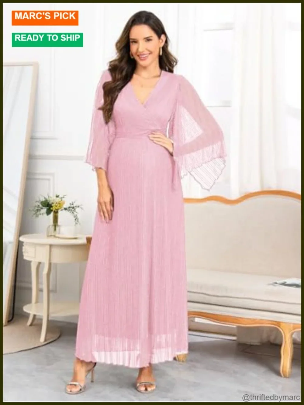 Maternity Sparkly Mesh Maxi Dress Handkerchief Sleeves Wrap V Neck Flowy Baby